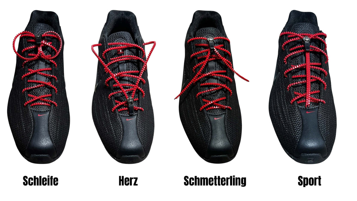 Schuhsenkel ohne Binden Zipuplaces Produktfoto Schnürsenkel zum zippen  kann man unterschiedlich tragen,  aufgezeigt für 4 Tragestile 