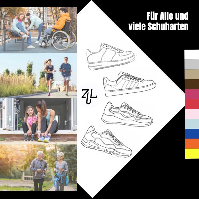 anwendungsbeispiele von Zipuplaces mit Bildern von jugendlichen, behinderten, Joggern ein erwachsenes Paar das läuft, Mama mit Tochter und Kind, älteres Ehepaar, alte Leute beim joggen, daneben Schuhmodelle zur anwendung der Schuhsenkel ohne binden, sneaker, sportschuhe, fitnessschuhe, laufsschuhe, für viele Schuharten